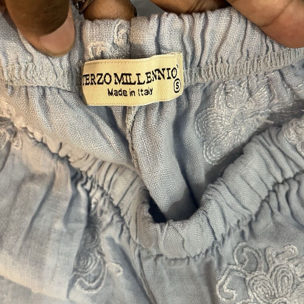NWOT  Terzo Millennio Light Blue Wide Leg Linen Pants Embroidered Flowers Small - Picture 7 of 7